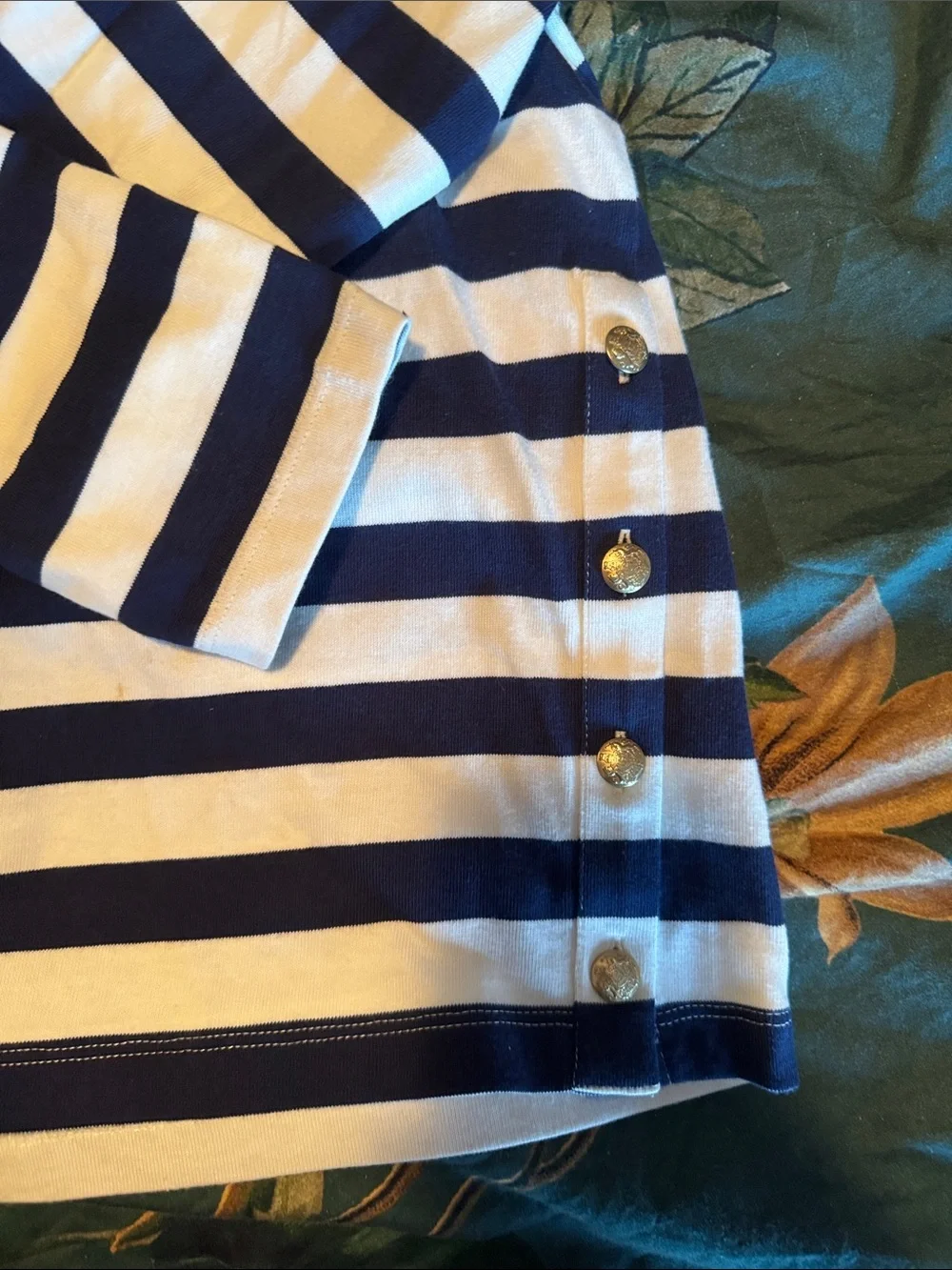 J. Crew Navy and White Striped Long-Sleeve Crew Top with Side Buttons